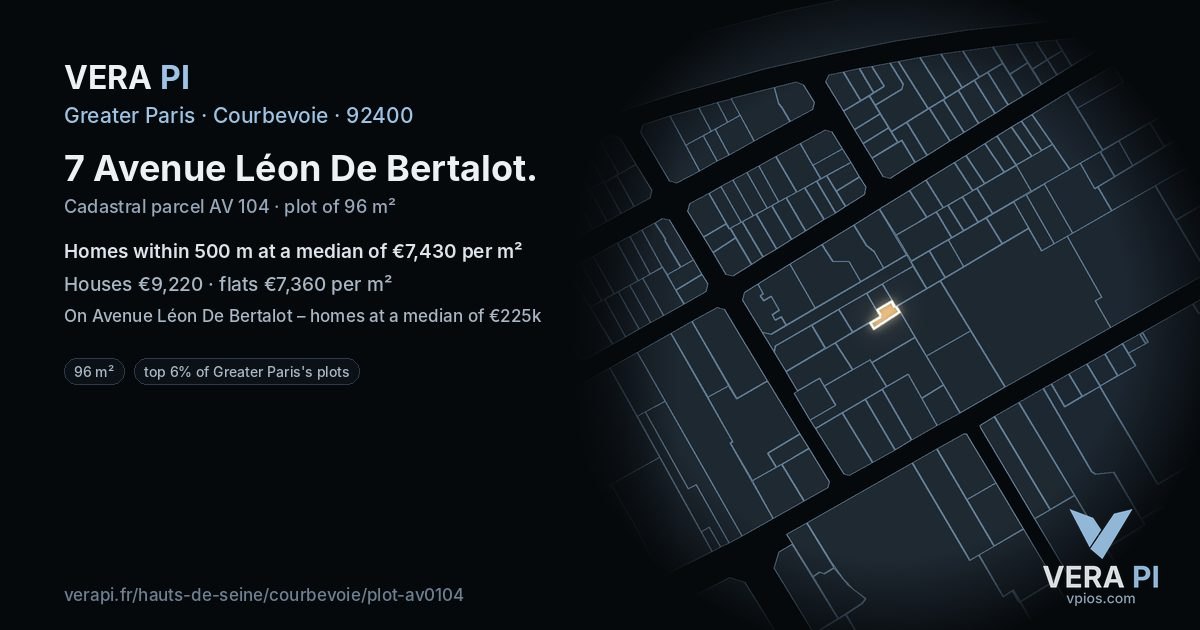 7 Avenue Léon De Bertalot, Courbevoie at night – the plot lit, the parcels around coloured by the prices near them
