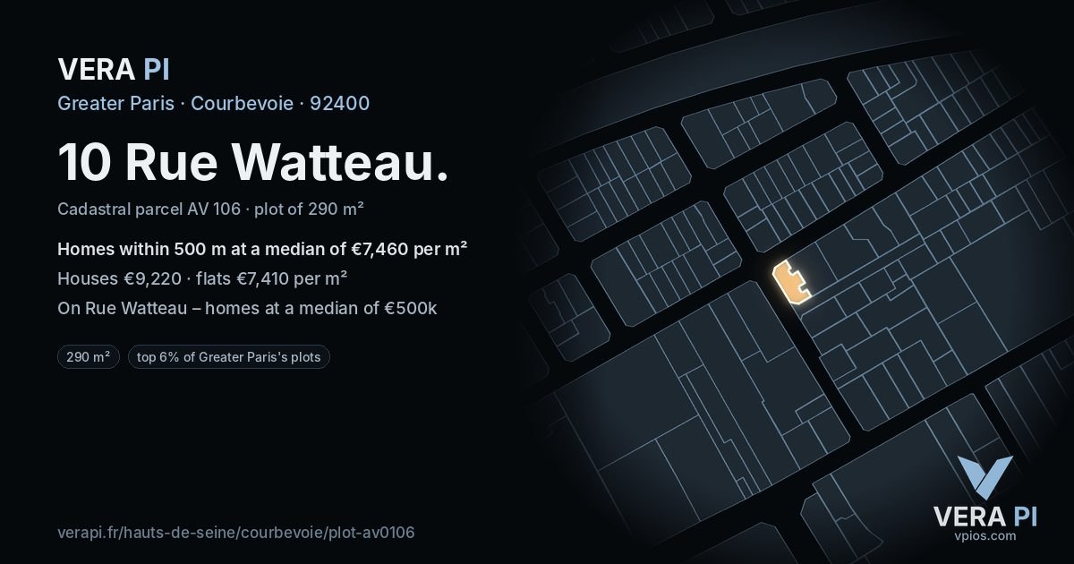 10 Rue Watteau, Courbevoie at night – the plot lit, the parcels around coloured by the prices near them