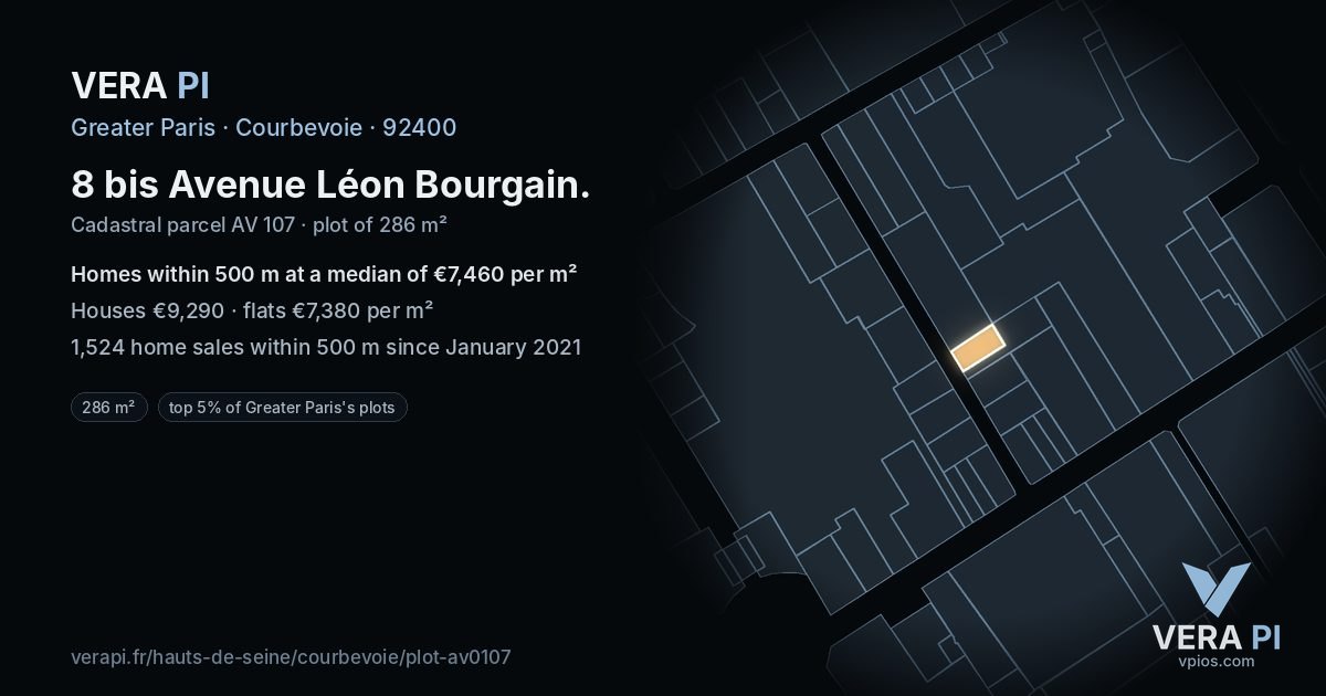 8 bis Avenue Léon Bourgain, Courbevoie at night – the plot lit, the parcels around coloured by the prices near them