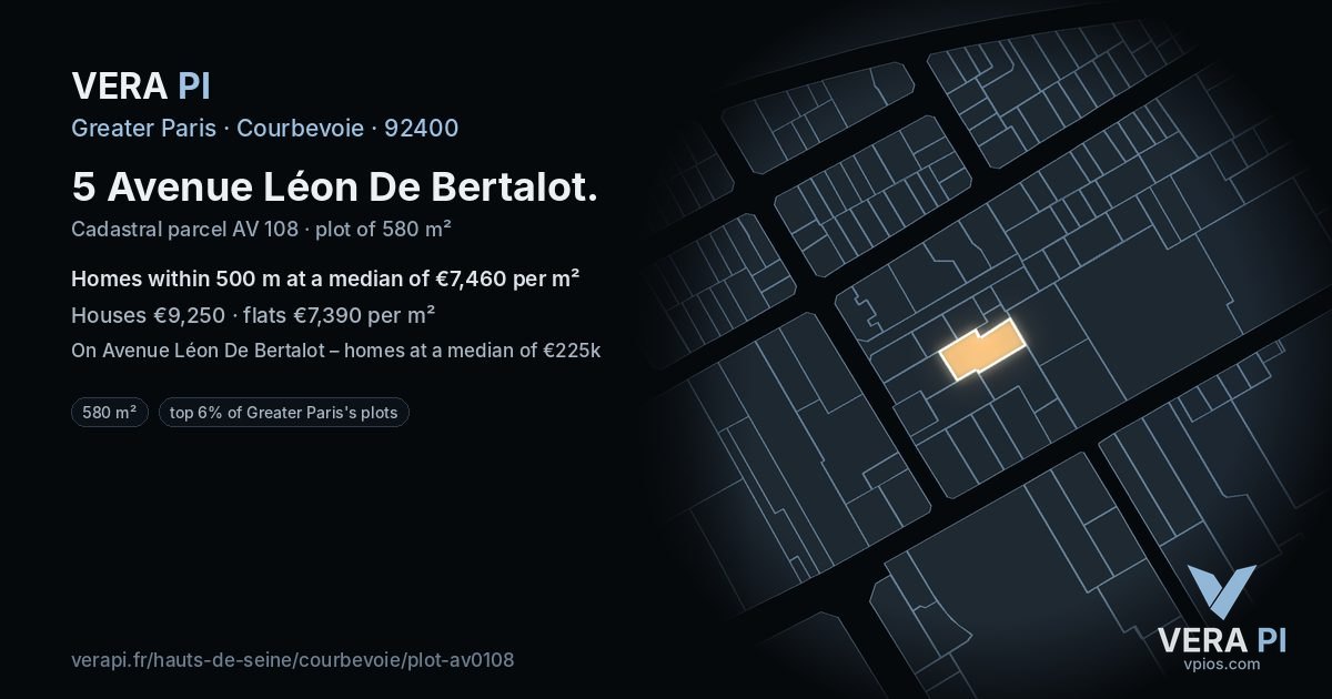 5 Avenue Léon De Bertalot, Courbevoie at night – the plot lit, the parcels around coloured by the prices near them