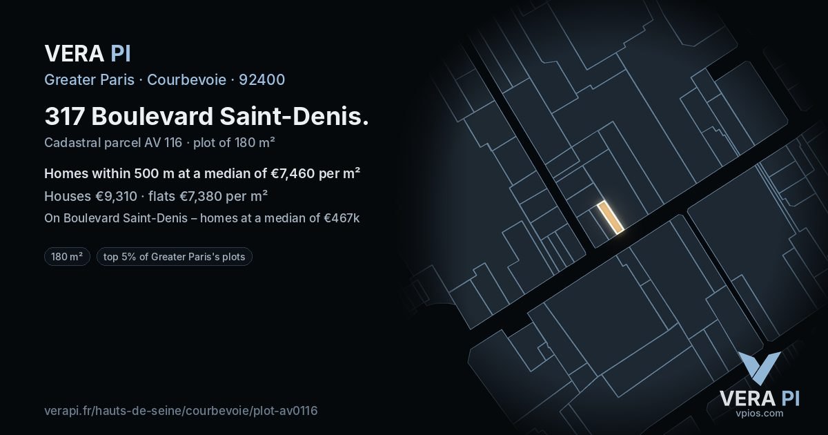 317 Boulevard Saint-Denis, Courbevoie at night – the plot lit, the parcels around coloured by the prices near them