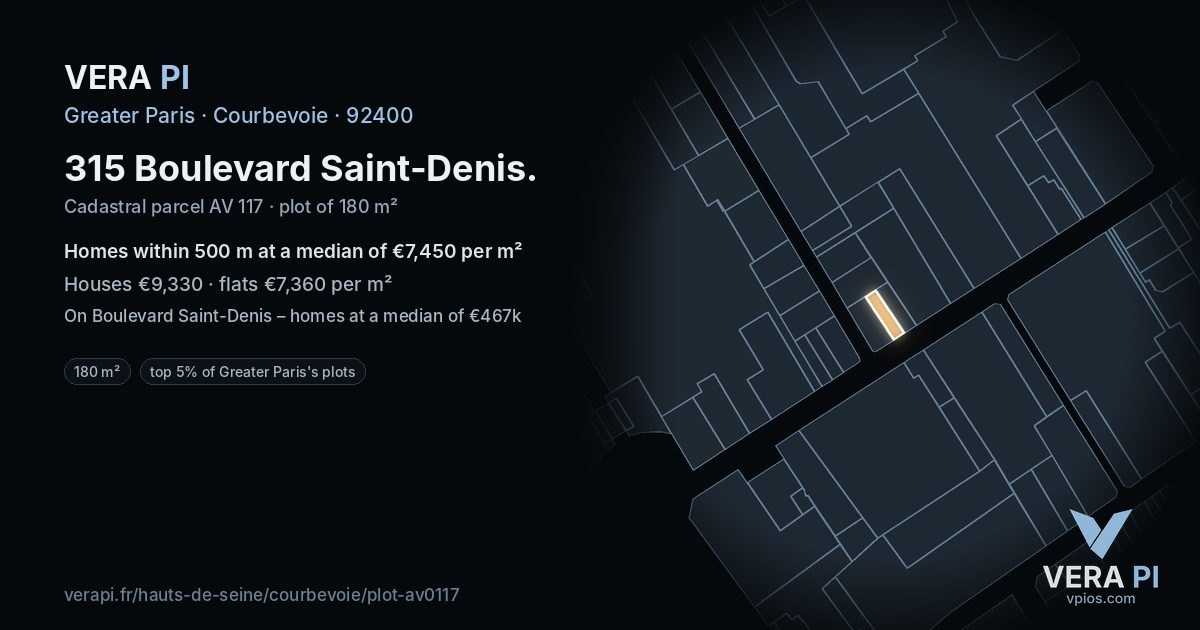 315 Boulevard Saint-Denis, Courbevoie at night – the plot lit, the parcels around coloured by the prices near them