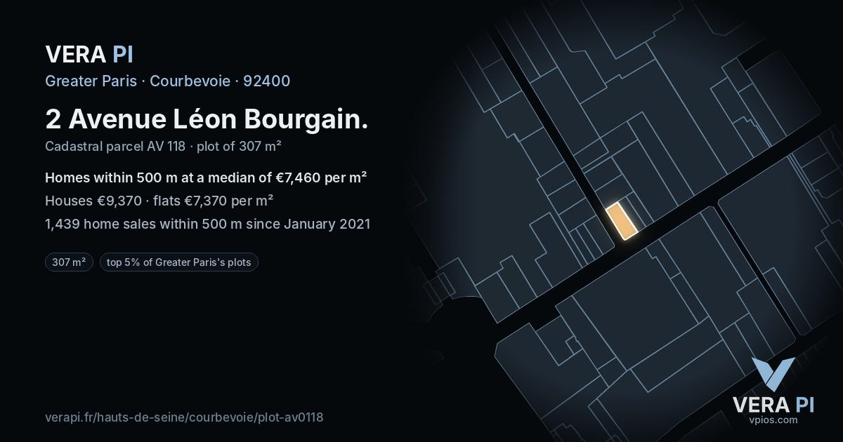 2 Avenue Léon Bourgain, Courbevoie at night – the plot lit, the parcels around coloured by the prices near them