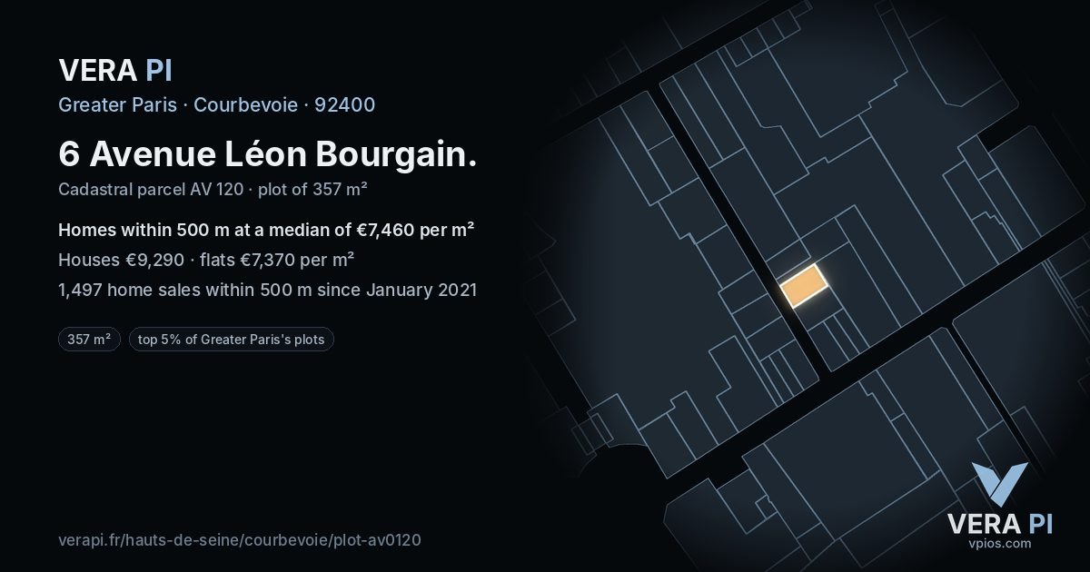 6 Avenue Léon Bourgain, Courbevoie at night – the plot lit, the parcels around coloured by the prices near them