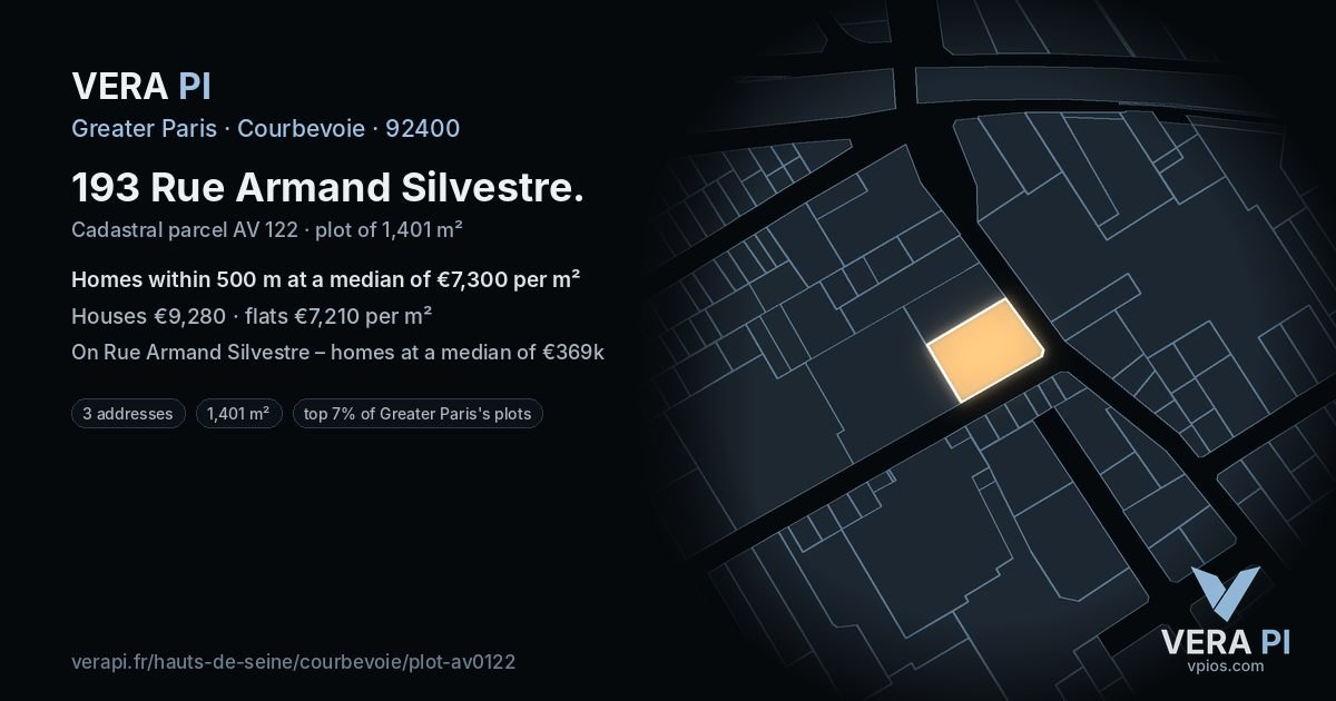 193 Rue Armand Silvestre, Courbevoie at night – the plot lit, the parcels around coloured by the prices near them