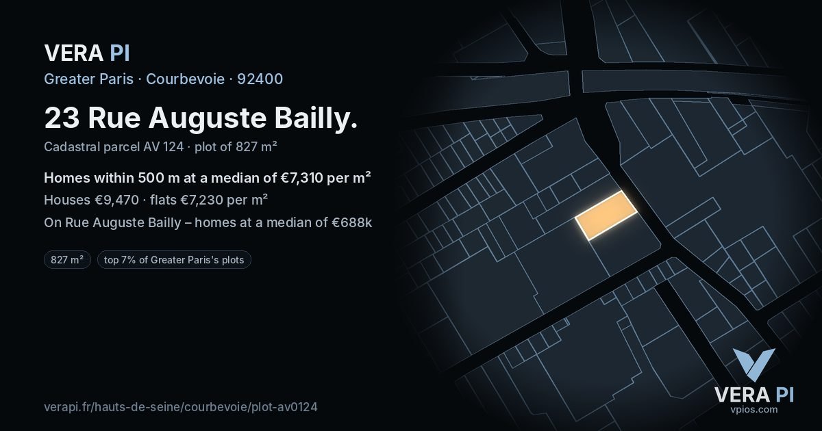 23 Rue Auguste Bailly, Courbevoie at night – the plot lit, the parcels around coloured by the prices near them