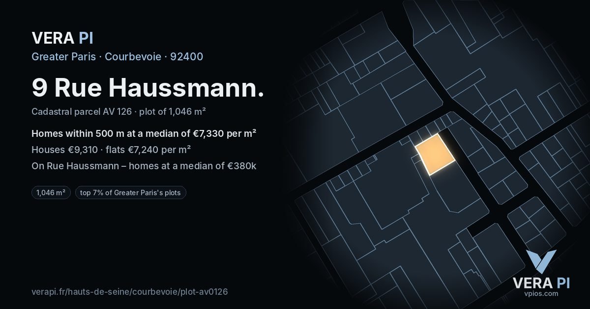9 Rue Haussmann, Courbevoie at night – the plot lit, the parcels around coloured by the prices near them