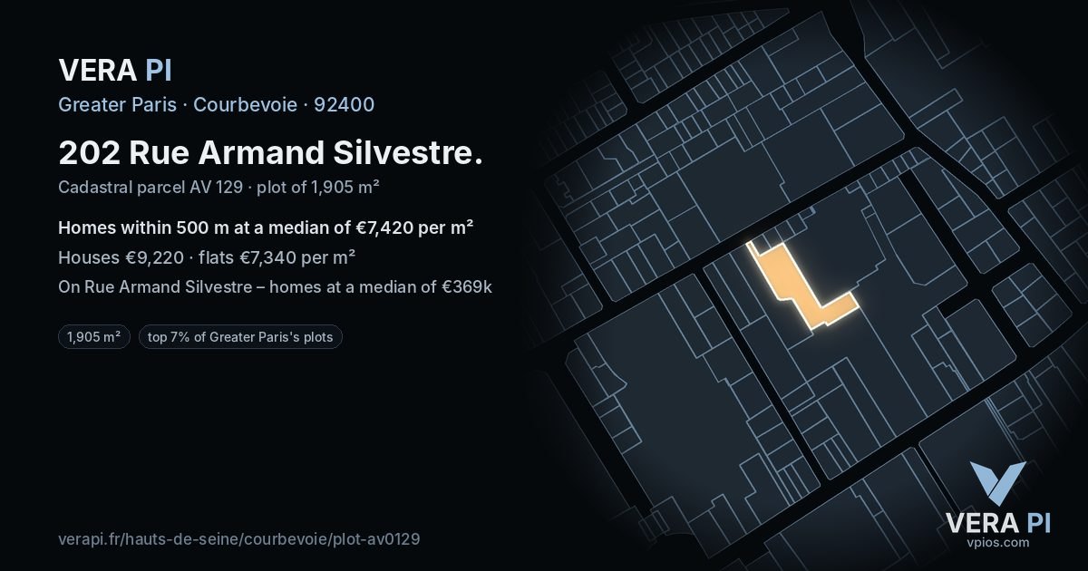 202 Rue Armand Silvestre, Courbevoie at night – the plot lit, the parcels around coloured by the prices near them