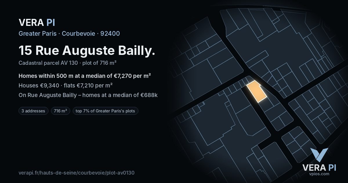 15 Rue Auguste Bailly, Courbevoie at night – the plot lit, the parcels around coloured by the prices near them