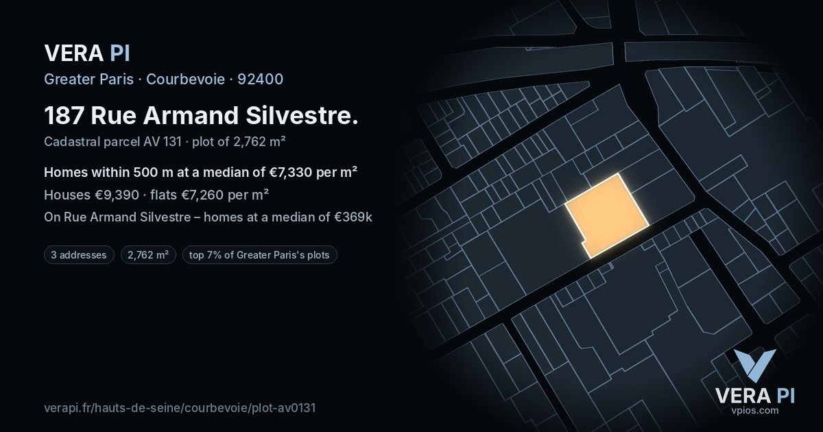 187 Rue Armand Silvestre, Courbevoie at night – the plot lit, the parcels around coloured by the prices near them