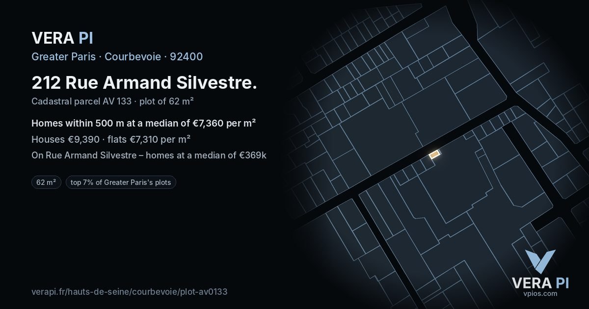 212 Rue Armand Silvestre, Courbevoie at night – the plot lit, the parcels around coloured by the prices near them