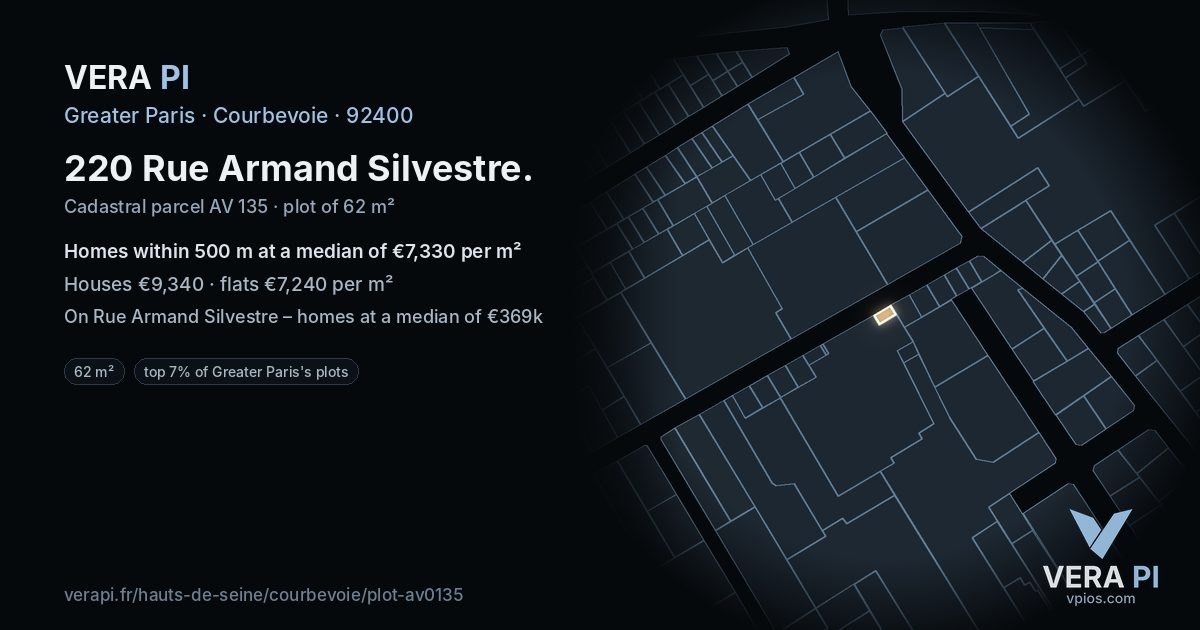 220 Rue Armand Silvestre, Courbevoie at night – the plot lit, the parcels around coloured by the prices near them