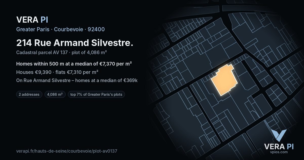 214 Rue Armand Silvestre, Courbevoie at night – the plot lit, the parcels around coloured by the prices near them