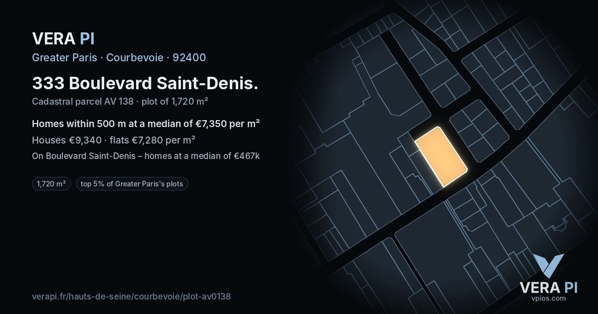 333 Boulevard Saint-Denis, Courbevoie at night – the plot lit, the parcels around coloured by the prices near them