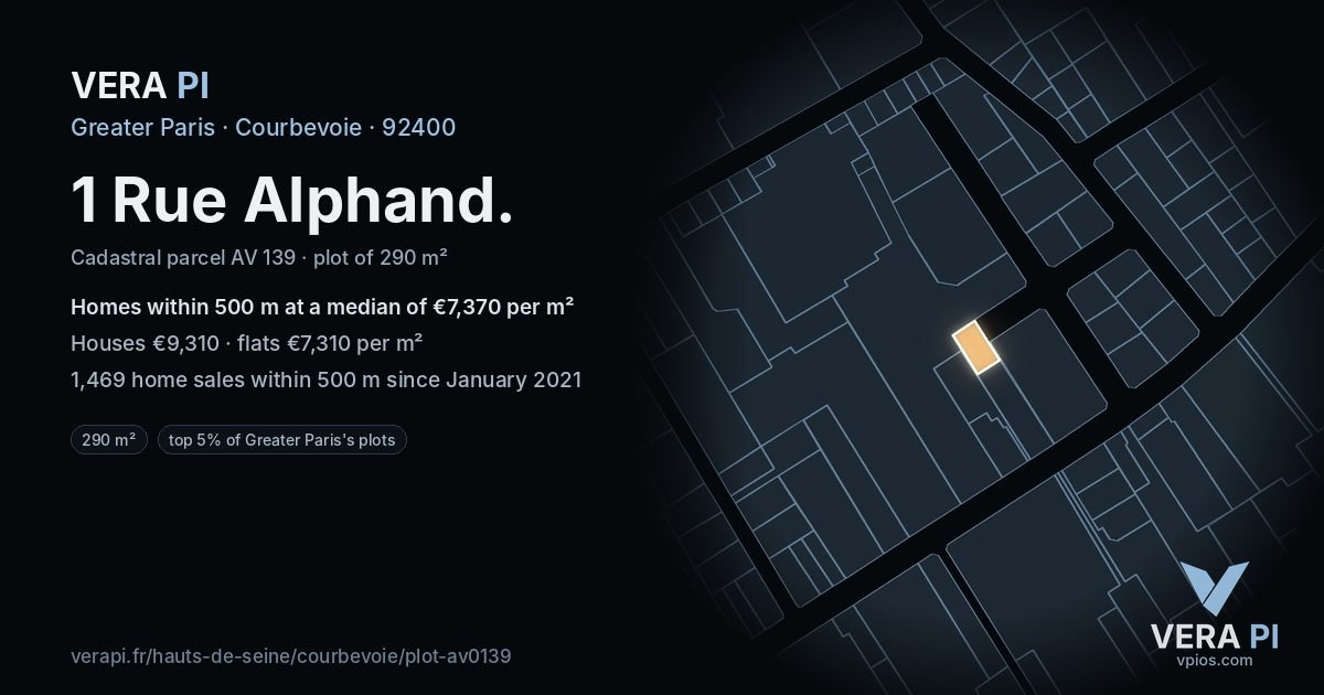 1 Rue Alphand, Courbevoie at night – the plot lit, the parcels around coloured by the prices near them