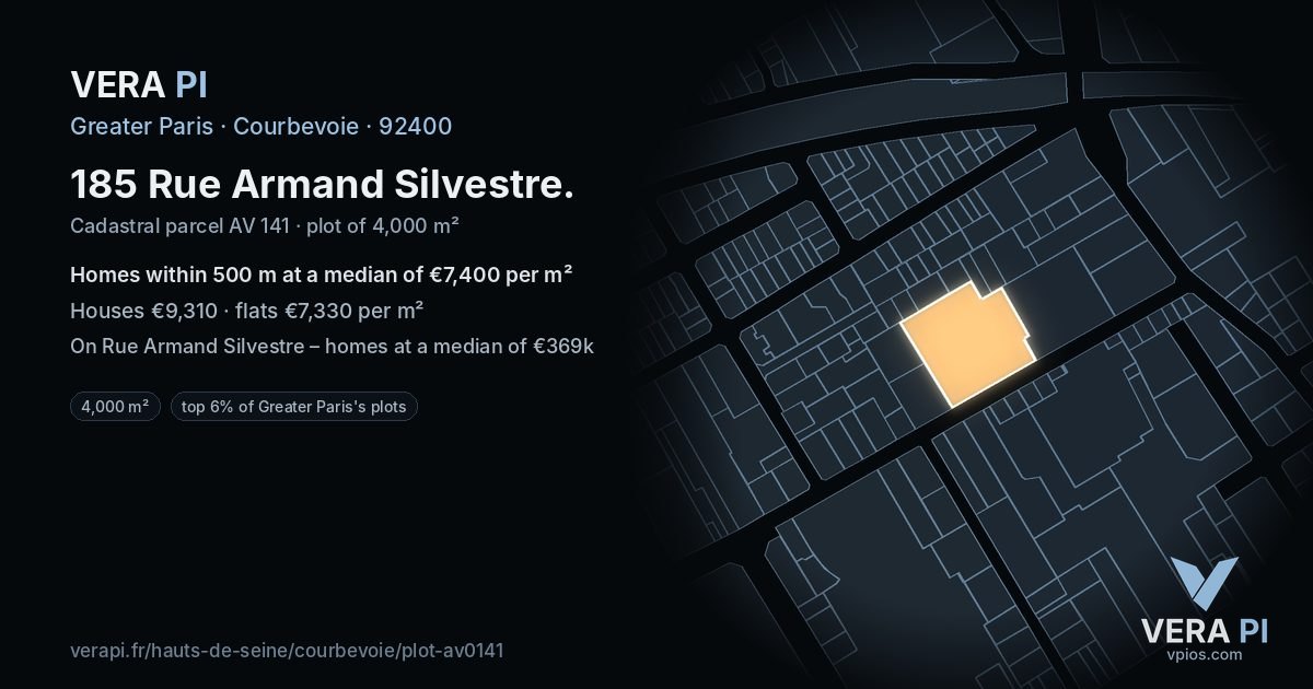 185 Rue Armand Silvestre, Courbevoie at night – the plot lit, the parcels around coloured by the prices near them