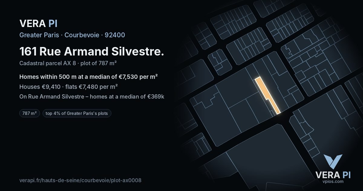 161 Rue Armand Silvestre, Courbevoie at night – the plot lit, the parcels around coloured by the prices near them