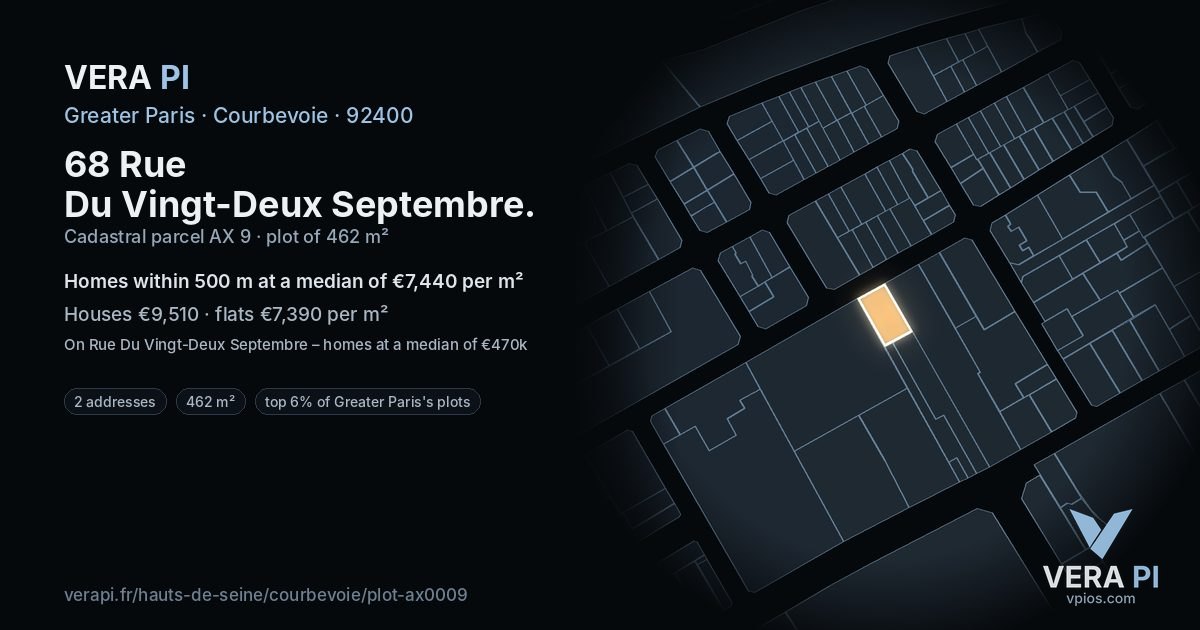 68 Rue Du Vingt-Deux Septembre, Courbevoie at night – the plot lit, the parcels around coloured by the prices near them