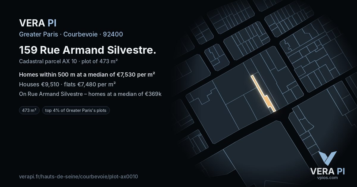 159 Rue Armand Silvestre, Courbevoie at night – the plot lit, the parcels around coloured by the prices near them