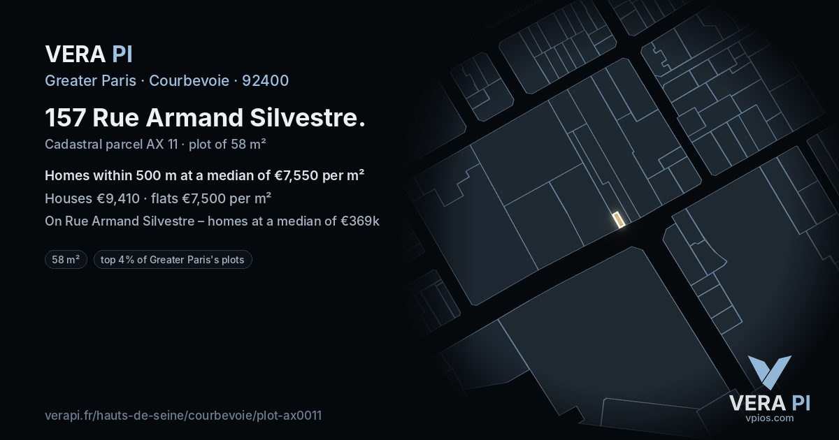 157 Rue Armand Silvestre, Courbevoie at night – the plot lit, the parcels around coloured by the prices near them