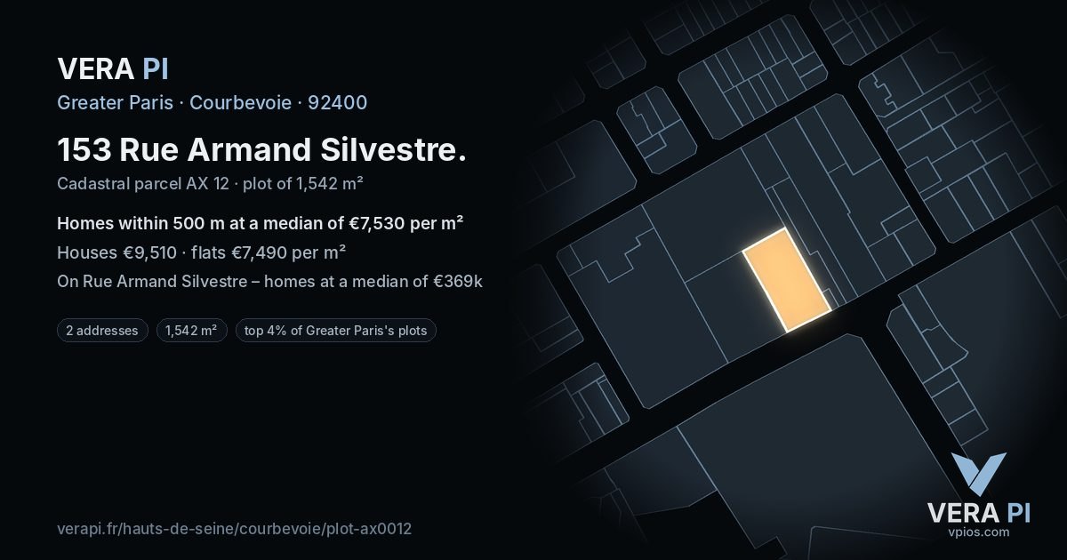 153 Rue Armand Silvestre, Courbevoie at night – the plot lit, the parcels around coloured by the prices near them