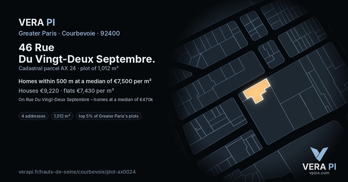 46 Rue Du Vingt-Deux Septembre, Courbevoie at night – the plot lit, the parcels around coloured by the prices near them