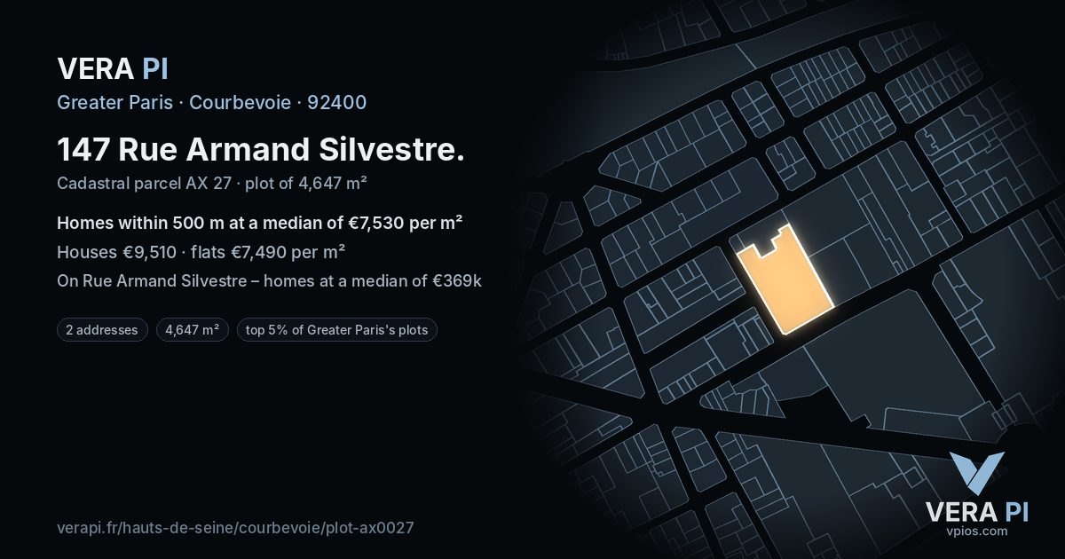 147 Rue Armand Silvestre, Courbevoie at night – the plot lit, the parcels around coloured by the prices near them