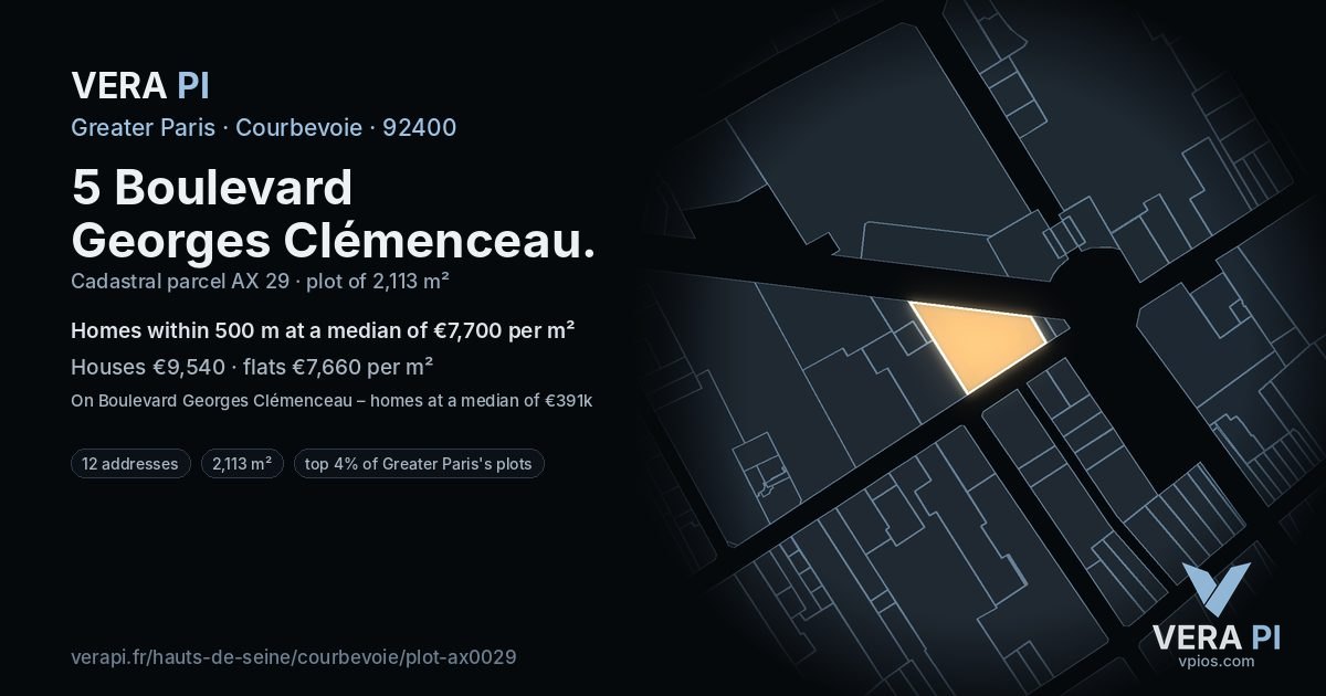 5 Boulevard Georges Clémenceau, Courbevoie at night – the plot lit, the parcels around coloured by the prices near them