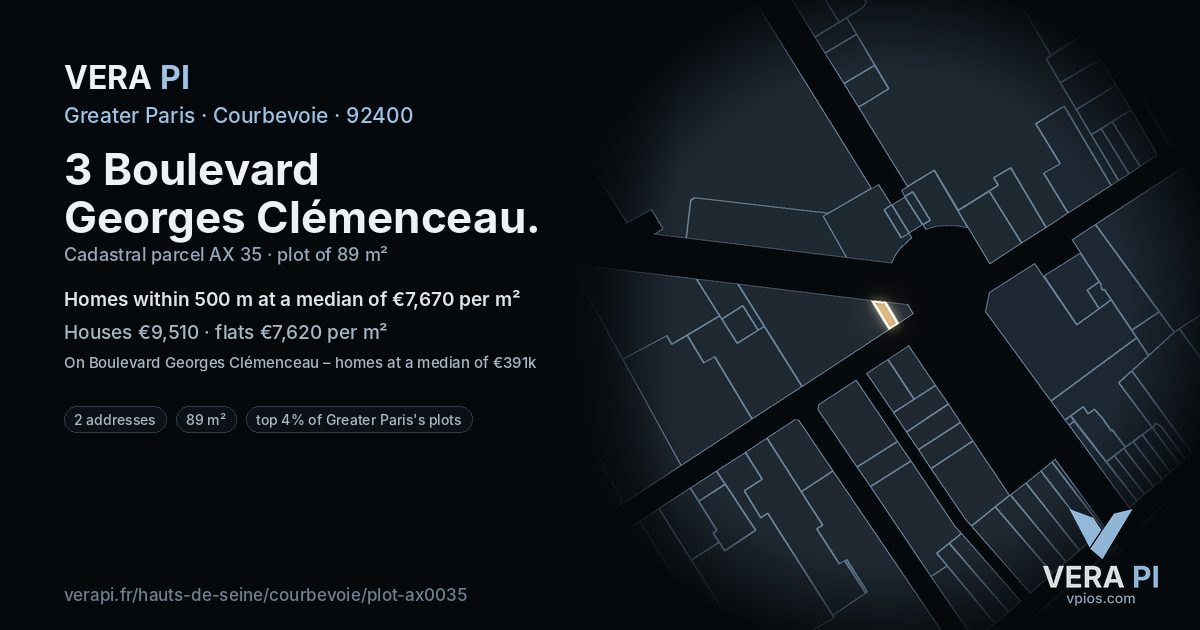 3 Boulevard Georges Clémenceau, Courbevoie at night – the plot lit, the parcels around coloured by the prices near them