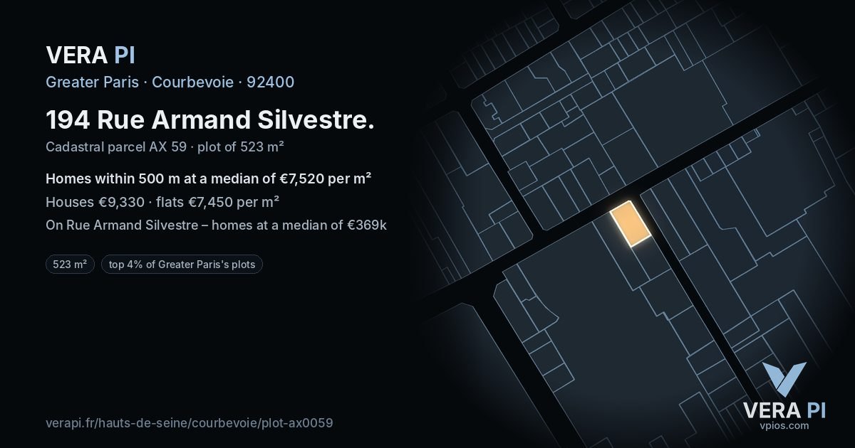 194 Rue Armand Silvestre, Courbevoie at night – the plot lit, the parcels around coloured by the prices near them