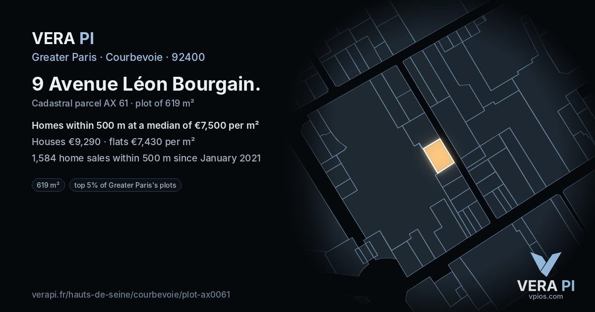 9 Avenue Léon Bourgain, Courbevoie at night – the plot lit, the parcels around coloured by the prices near them