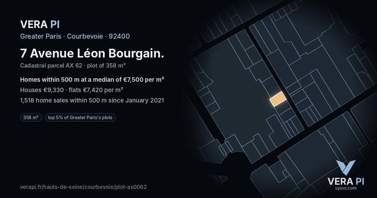 7 Avenue Léon Bourgain, Courbevoie at night – the plot lit, the parcels around coloured by the prices near them