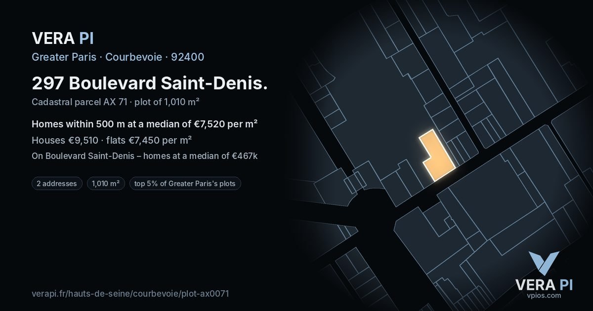 297 Boulevard Saint-Denis, Courbevoie at night – the plot lit, the parcels around coloured by the prices near them