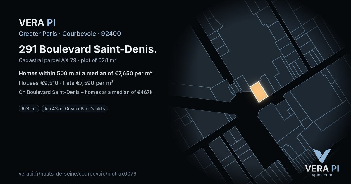 291 Boulevard Saint-Denis, Courbevoie at night – the plot lit, the parcels around coloured by the prices near them