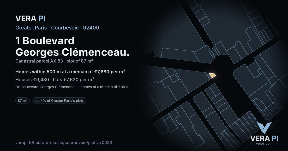 1 Boulevard Georges Clémenceau, Courbevoie at night – the plot lit, the parcels around coloured by the prices near them