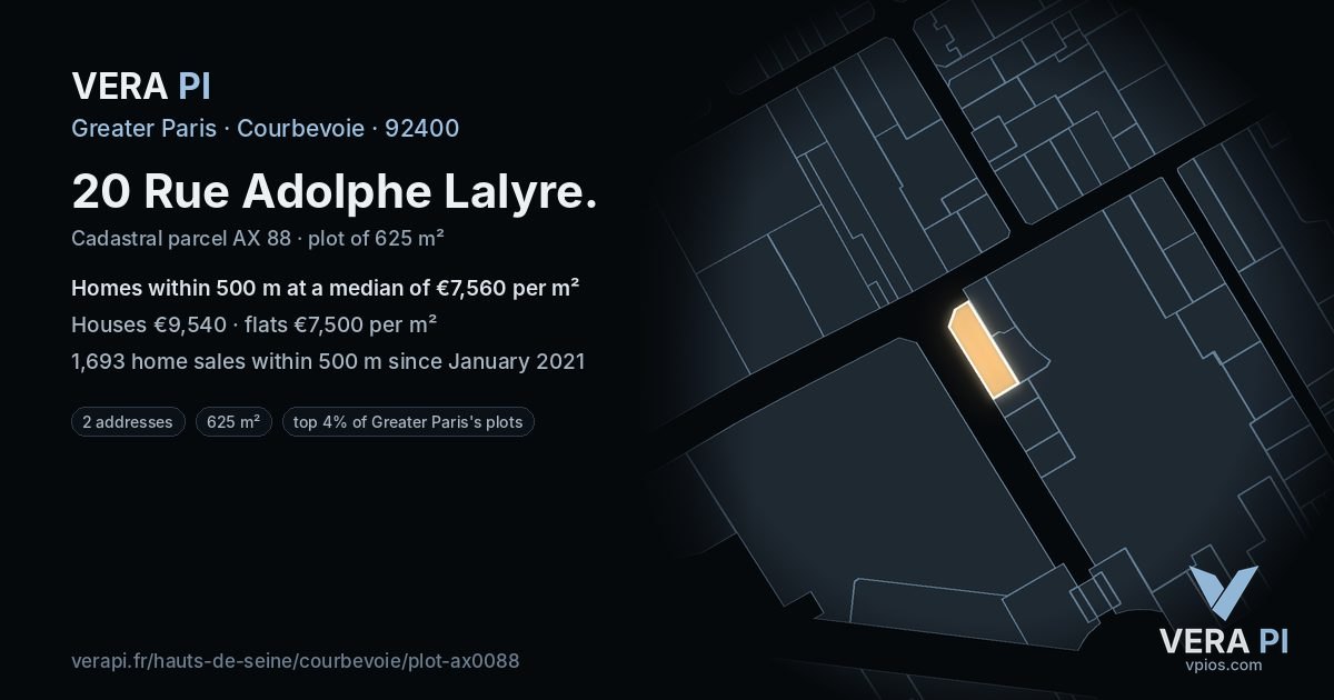 20 Rue Adolphe Lalyre, Courbevoie at night – the plot lit, the parcels around coloured by the prices near them