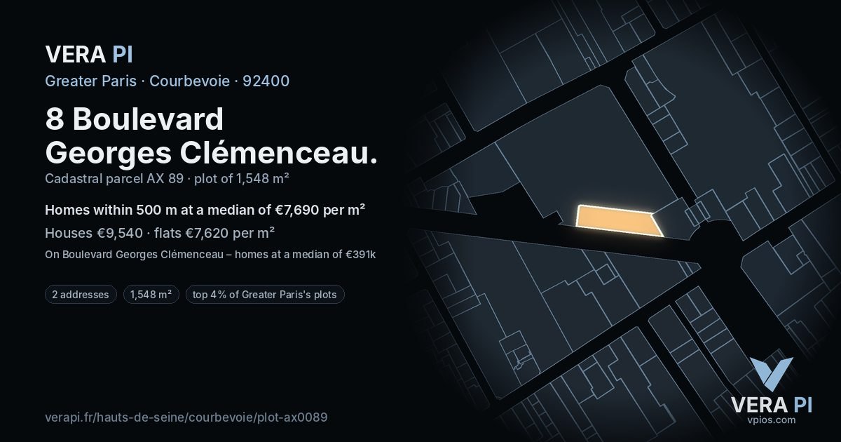 8 Boulevard Georges Clémenceau, Courbevoie at night – the plot lit, the parcels around coloured by the prices near them