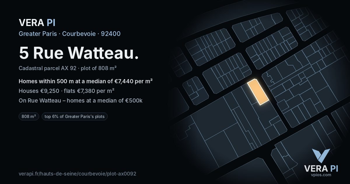 5 Rue Watteau, Courbevoie at night – the plot lit, the parcels around coloured by the prices near them
