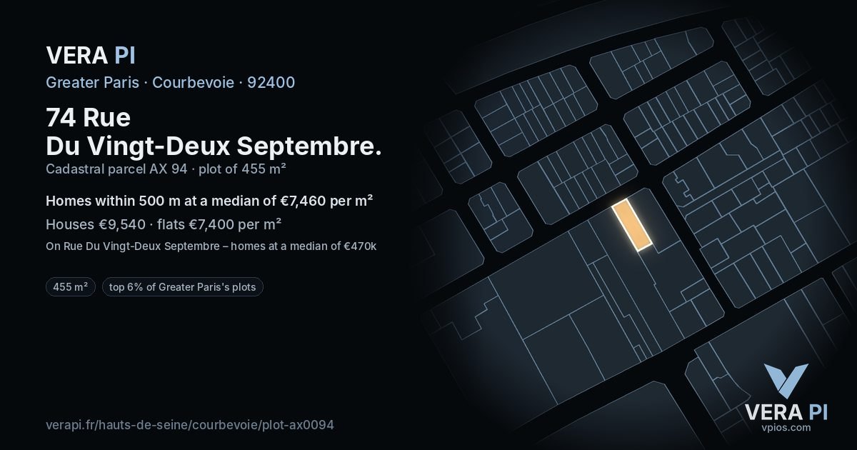 74 Rue Du Vingt-Deux Septembre, Courbevoie at night – the plot lit, the parcels around coloured by the prices near them