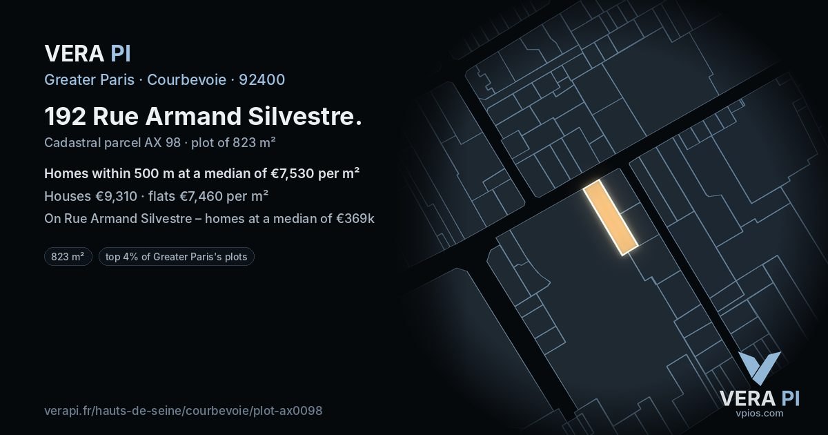 192 Rue Armand Silvestre, Courbevoie at night – the plot lit, the parcels around coloured by the prices near them