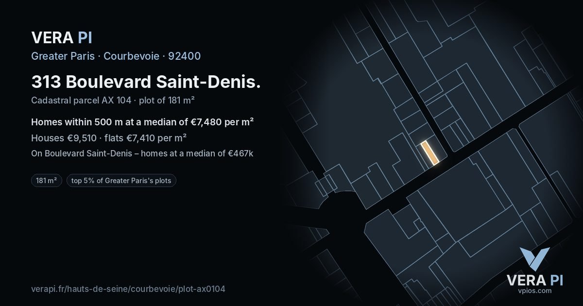 313 Boulevard Saint-Denis, Courbevoie at night – the plot lit, the parcels around coloured by the prices near them
