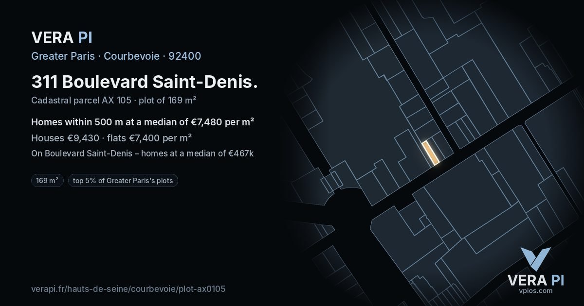 311 Boulevard Saint-Denis, Courbevoie at night – the plot lit, the parcels around coloured by the prices near them