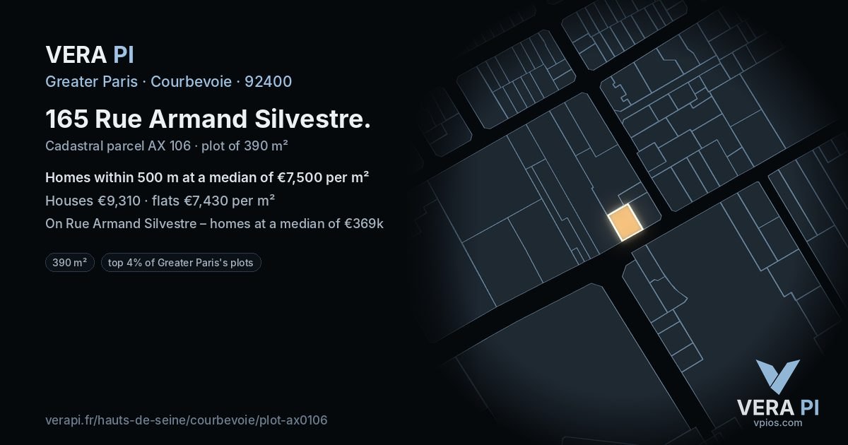 165 Rue Armand Silvestre, Courbevoie at night – the plot lit, the parcels around coloured by the prices near them
