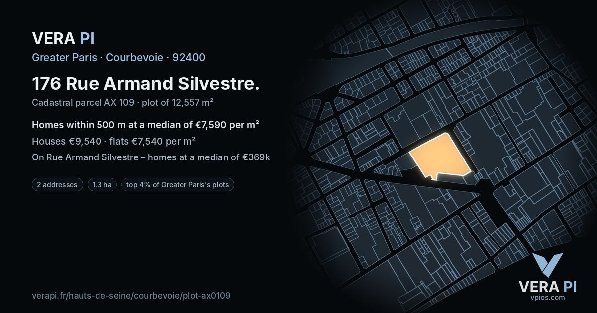 176 Rue Armand Silvestre, Courbevoie at night – the plot lit, the parcels around coloured by the prices near them