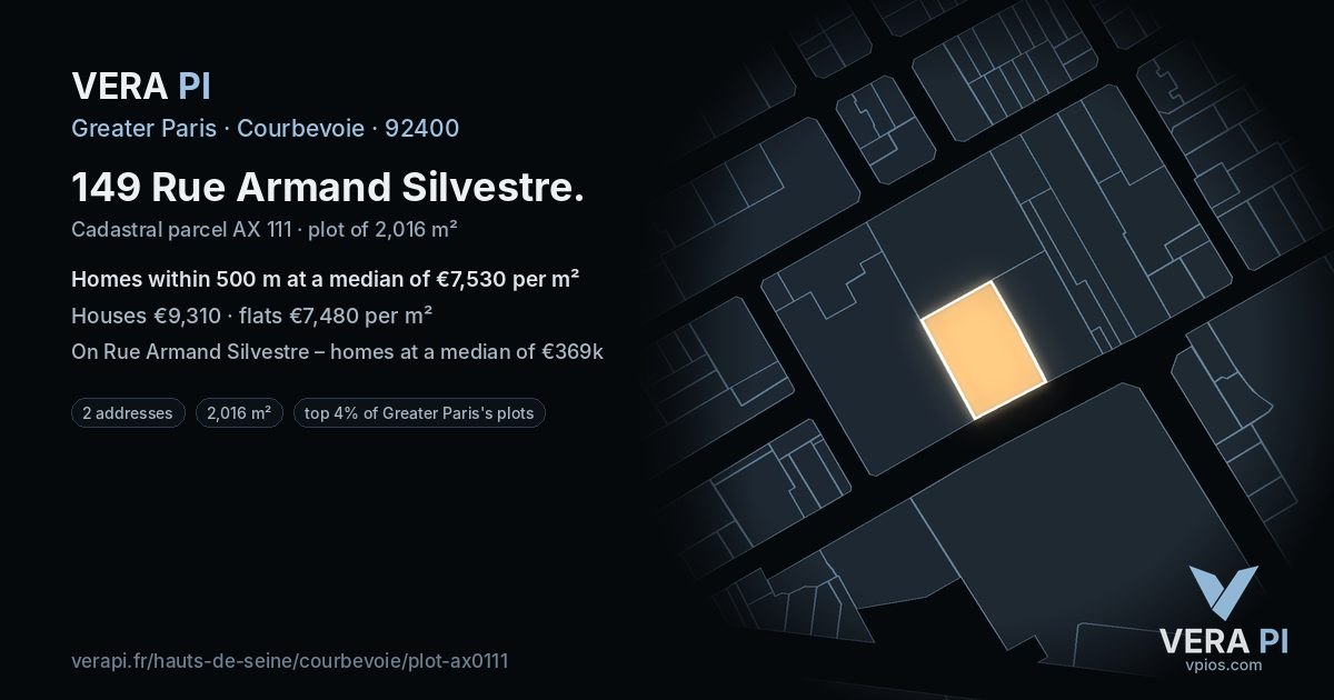 149 Rue Armand Silvestre, Courbevoie at night – the plot lit, the parcels around coloured by the prices near them
