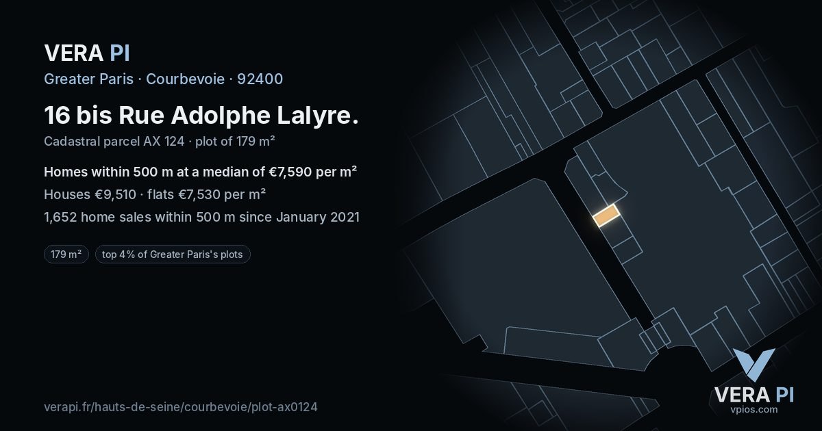 16 bis Rue Adolphe Lalyre, Courbevoie at night – the plot lit, the parcels around coloured by the prices near them