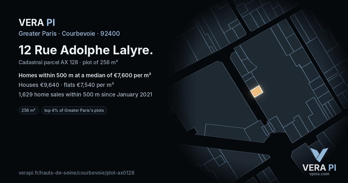12 Rue Adolphe Lalyre, Courbevoie at night – the plot lit, the parcels around coloured by the prices near them