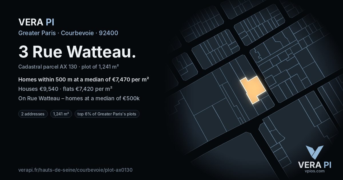 3 Rue Watteau, Courbevoie at night – the plot lit, the parcels around coloured by the prices near them