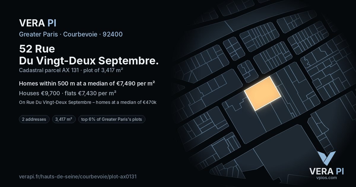 52 Rue Du Vingt-Deux Septembre, Courbevoie at night – the plot lit, the parcels around coloured by the prices near them
