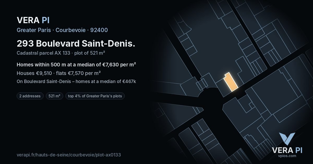 293 Boulevard Saint-Denis, Courbevoie at night – the plot lit, the parcels around coloured by the prices near them